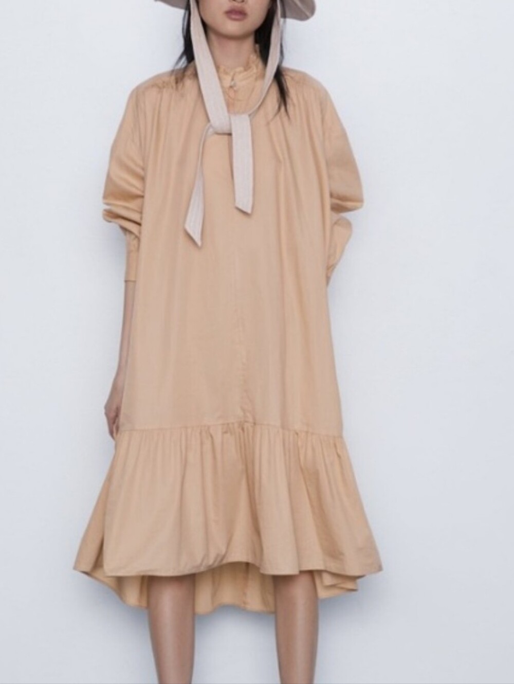 Zara Sand Color Ruffled Poplin Dress